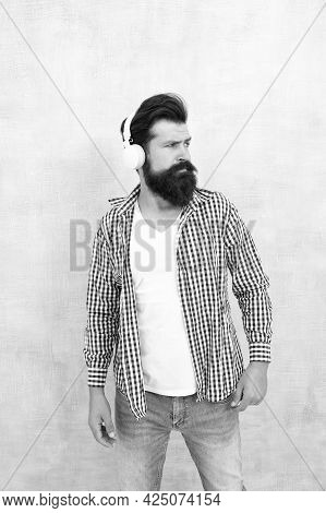 Audio Book. Emotional Hipster. Music Service. Melody. Modern Headphones Concept. Man Listening Music