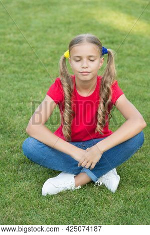 Create Your Dream Future. Cute Dreamer On Green Grass. Small Kid Day Dream Summer Outdoors. Little G