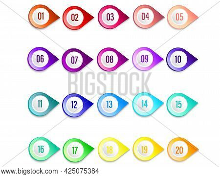 Set Of 20 Markers, Pointers. Infographic Icon. Indicator Points, Positioning Pin. Collection Of Colo