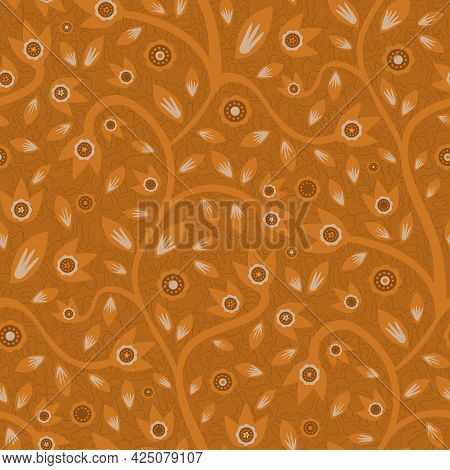 Modern Indian Florals Style Vector Seamless Pattern Background. Monochrome Terracotta Ochre Abstract