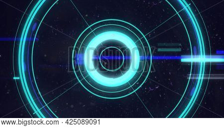 Image of flickering glowing blue scope scanning and lines on purple background. digital interface global connection and communication concept digitally generated image.