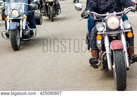 Motorcycle Travel. Motorcyclists Riding On The Road. Front View Of Motorbikes.