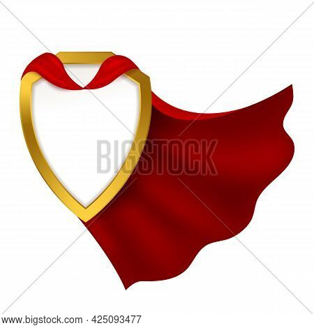 Badge With Red Cape. Realistic Carnival Clothes Mantle With Golden Shield. 3d Hero Cloak. Success An