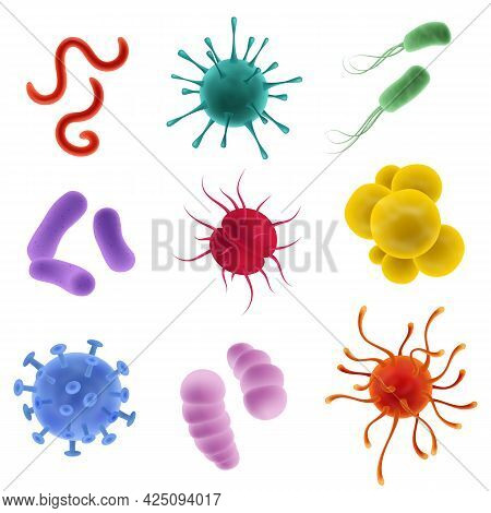 Realistic Types Viruses. Microorganism Shapes. Bacteria, Germs And Bacillus Flu And Covid-19. Biolog