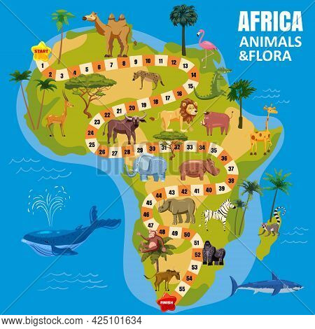 Africa Continent Map Board Game With Set Tropical Animals, Jungle Flora For Kids. Vector Cartoon Ill