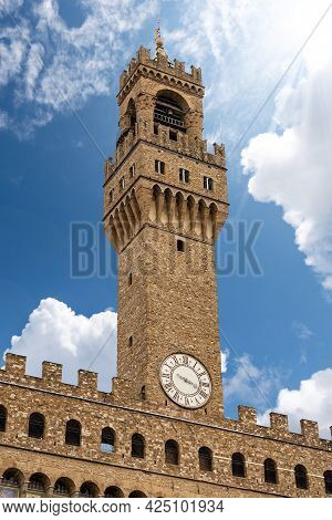 Florence, Close-up Of The Clock Tower Of Palazzo Vecchio (1299) Called Torre Di Arnolfo, Piazza Dell