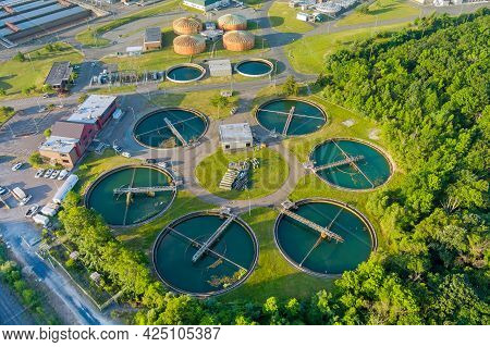 Aerial Top View Recirculation Sedimentation Tank, Water Treatment Plant For Big City From Water Mana