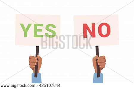 Hand Holding Yes Or No Placard. Question, Choice, Vote Concept. Vector Stock
