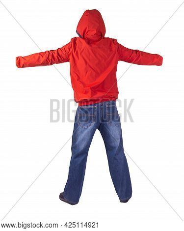 Dark Blue Jeans, Black Leather Shoes,red Jacket With A Hood Isolated On White Background. Casual Sty