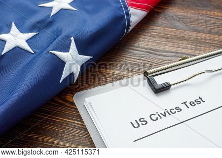 Us Civics Test For Citizenship And Usa Flag.