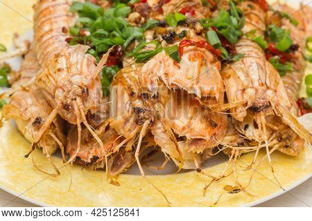 Asian Style Cooked Mantis (stomatopoda) Shrimp With Spring Onion And Red Pepper