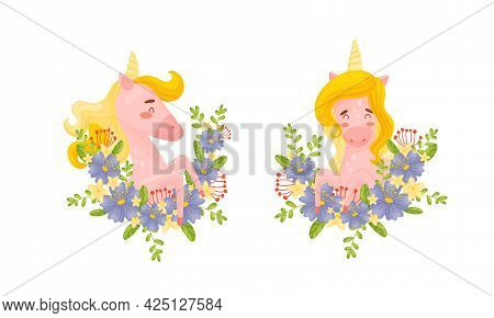 Pink Unicorn With Slender Legs And Golden Mane Vector Set