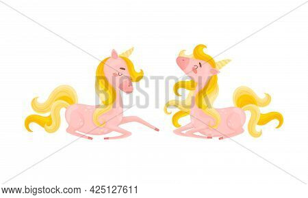 Pink Unicorn With Slender Legs And Golden Mane Vector Set