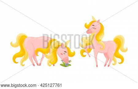 Pink Unicorn With Slender Legs And Golden Mane Vector Set