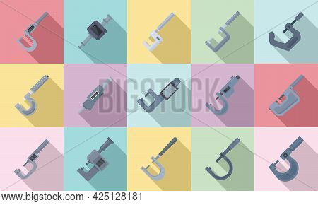Micrometer Icons Set Flat Vector. Engineering Gauge. Industrial Micrometer