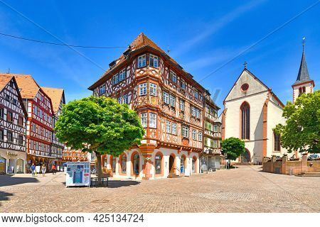 Mosbach, Germany - June 2021: Market Place With Timber-framed Houses Called 