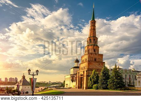 Suyumbike Tower In Kazan Kremlin At Sunset, Tatarstan, Russia. This Leaning Building Is Famous Touri