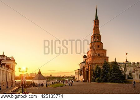 Suyumbike Tower In Kazan Kremlin At Sunset, Tatarstan, Russia. This Leaning Building Is Famous Touri