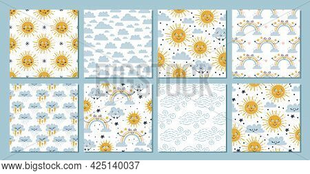 8 Baby Sky Seamless Patterns. Rain And Clouds. Texture For Wallpaper, Scrapbook. Vector Illustration