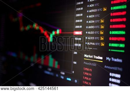 Stock Exchange, Cryptocurrency Price Chart On A Screen. Candlestick Chart, Btc. Online Currency Exch