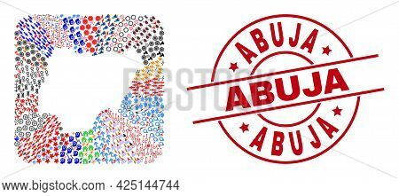 Vector Mosaic Nigeria Map Of Different Symbols And Abuja Seal Stamp. Mosaic Nigeria Map Designed As 