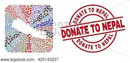 Vector Mosaic Nepal Map Of Different Icons And Donate To Nepal Badge. Mosaic Nepal Map Designed As S