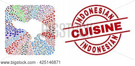 Vector Mosaic Bali Map Of Different Icons And Indonesian Cuisine Seal Stamp. Mosaic Bali Map Constru