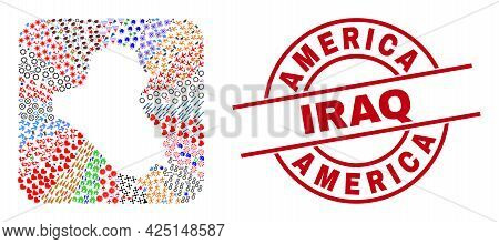 Vector Collage Iraq Map Of Different Pictograms And America Iraq Seal Stamp. Collage Iraq Map Create