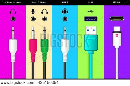 Set Of Realistic Audio Connectors Isolated Or Various Audio Jack Plug For Sound System Or Usb Univer