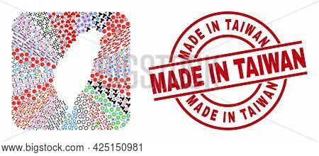 Vector Mosaic Taiwan Map Of Different Symbols And Made In Taiwan Seal Stamp. Mosaic Taiwan Map Const