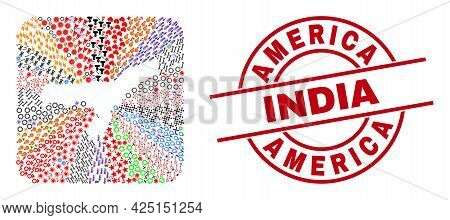 Vector Mosaic Assam State Map Of Different Icons And America India Seal Stamp. Mosaic Assam State Ma