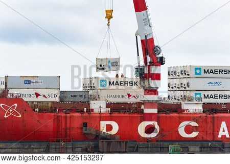 Crane Unloading Russian Container Ship Sevmorput Rosatomflot - Nuclear-powered Icebreaker Lighter Ab