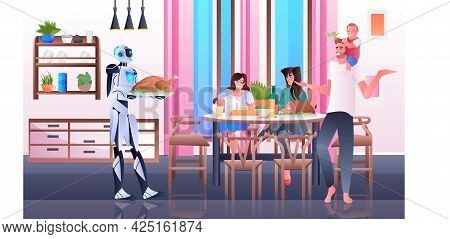 Robot Housewife Cooking And Serving Meals To Family Artificial Intelligence Technology Concept