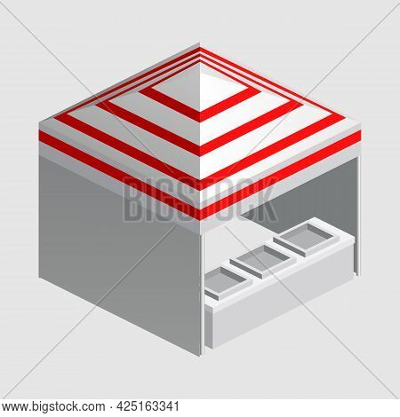 Isometric Market Stall, Tent. Street Awning Canopy Kiosk, Counter, White Red Strings For Fair, Stree