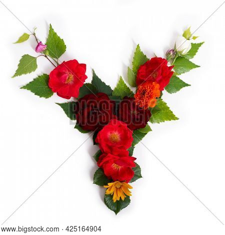 Letter Y, concept alphabet design. Floral summer font. Seasonal decorative beautiful type mades of different multi-colored blooming flowers and grass. Natural summertime print