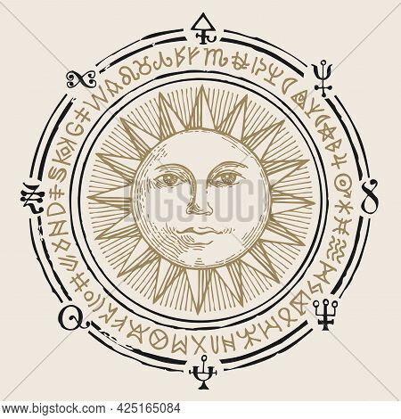 Vector Illustration With The Hand-drawn Sun And Esoteric Symbols On An Old Beige Background. Retro S