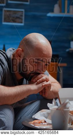 Lonely Depressed Traumatised Man With Tears Sitting On Couch Crying Feeling Exhausted Frustrated Dis