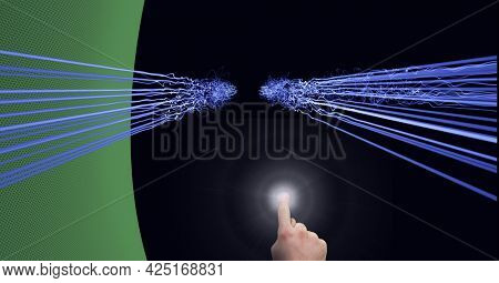 Animation of glowing light trails of information over finger. global business, digital interface, technology and networking concept digitally generated video.