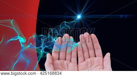 Animation of glowing light trails of information over hands. global business, digital interface, technology and networking concept digitally generated video.