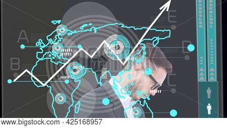 Animation of statistics data processing and businessman. global business, digital interface, technology and networking concept digitally generated video.