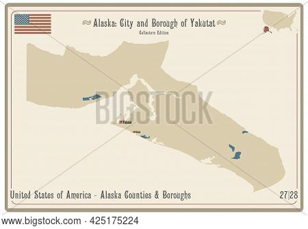 Map On An Old Playing Card Of City And Borough Of Yakutat In Alaska, Usa.
