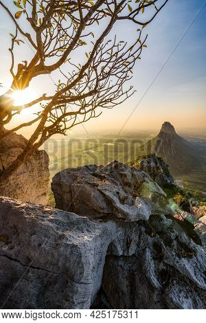 View From The Peak Of Khao Nor In The Morning Sunrise In Nakhon Sawan, Thailand.