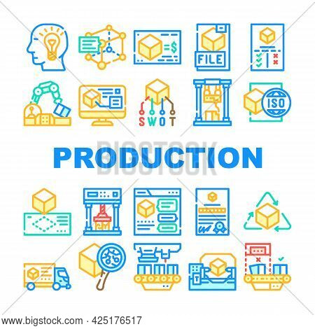 Production Business Collection Icons Set Vector. Discussion And Calculating Cost Of Production, Digi