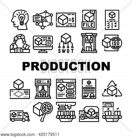 Production Business Collection Icons Set Vector. Discussion And Calculating Cost Of Production, Digi