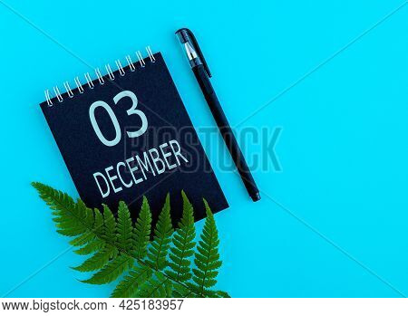 December 3th. Day 3 Of Month, Calendar Date. Black Notepad Sheet, Pen, Fern Twig, On A Blue Backgrou