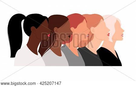 Heads Of Females With Different Hairstyles. Cartoon Avatars Of Various Color, Portrait Of Women, Vec