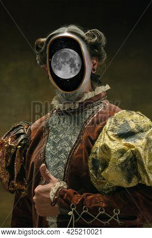 Model Like Medieval Royalty Person In Vintage Clothing. Concept Of Comparison Of Eras, Artwork, Rena