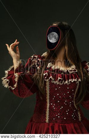 Female Model Like Medieval Royalty Person In Vintage Clothing. Concept Of Comparison Of Eras, Artwor