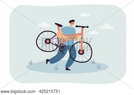 Cartoon Thief With Stolen Bicycle. Male Criminal Stealing Bike Flat Vector Illustration. Theft, Crim