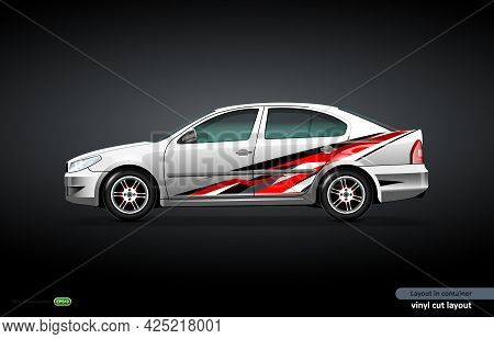 Car Decal Wrap Design With Abstract Dinamic Theme On Metalic Sedan Car.